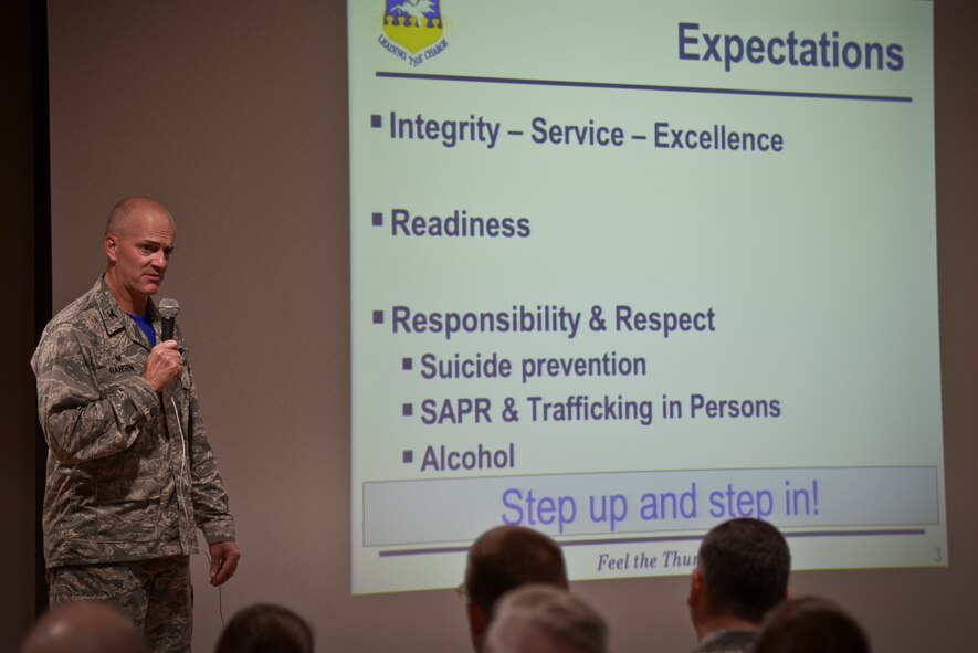 Col. Andrew Hansen, 51st Fighter Wing commander, addresses the wing during a commander’s call at the Passenger Terminal on Osan Air Base, Republic of Korea, Oct. 9, 2015.  Hansen took the time to thank his Airmen for their hard work over the last three months and shared with them his expectations, vision, goals and priorities. (U.S. Air Force photo/Tech. Sgt. Travis Edwards) 