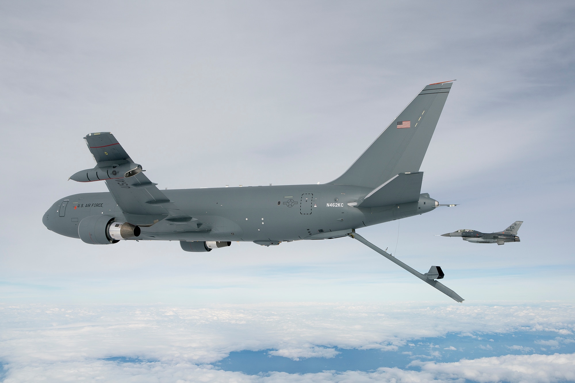 The KC-46A Pegasus deploys the centerline boom for the first time Oct. 9, 2015. The boom is the fastest way to refuel aircraft at 1,200 gallons per minute. (Boeing photo/John D. Parker)