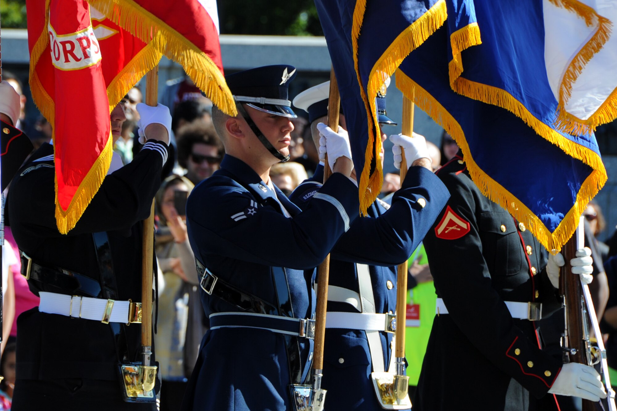 The USAF Honor Guard joins a Joint Service Color Team to pay tribute to World War II veterans from the Tennessee area during a Wreath Ceremony at the National World War II Memorial on Oct. 10. The event was hosted by Honor Flight Tennessee in honor of World War II veterans from the state. Honor Flight Tennessee was founded to recognize World War II veterans by flying them free-of-charge to Washington D.C. for a day of honor, remembrance and celebration. (U.S. Air Force photo/Staff Sgt. Matt Davis)
