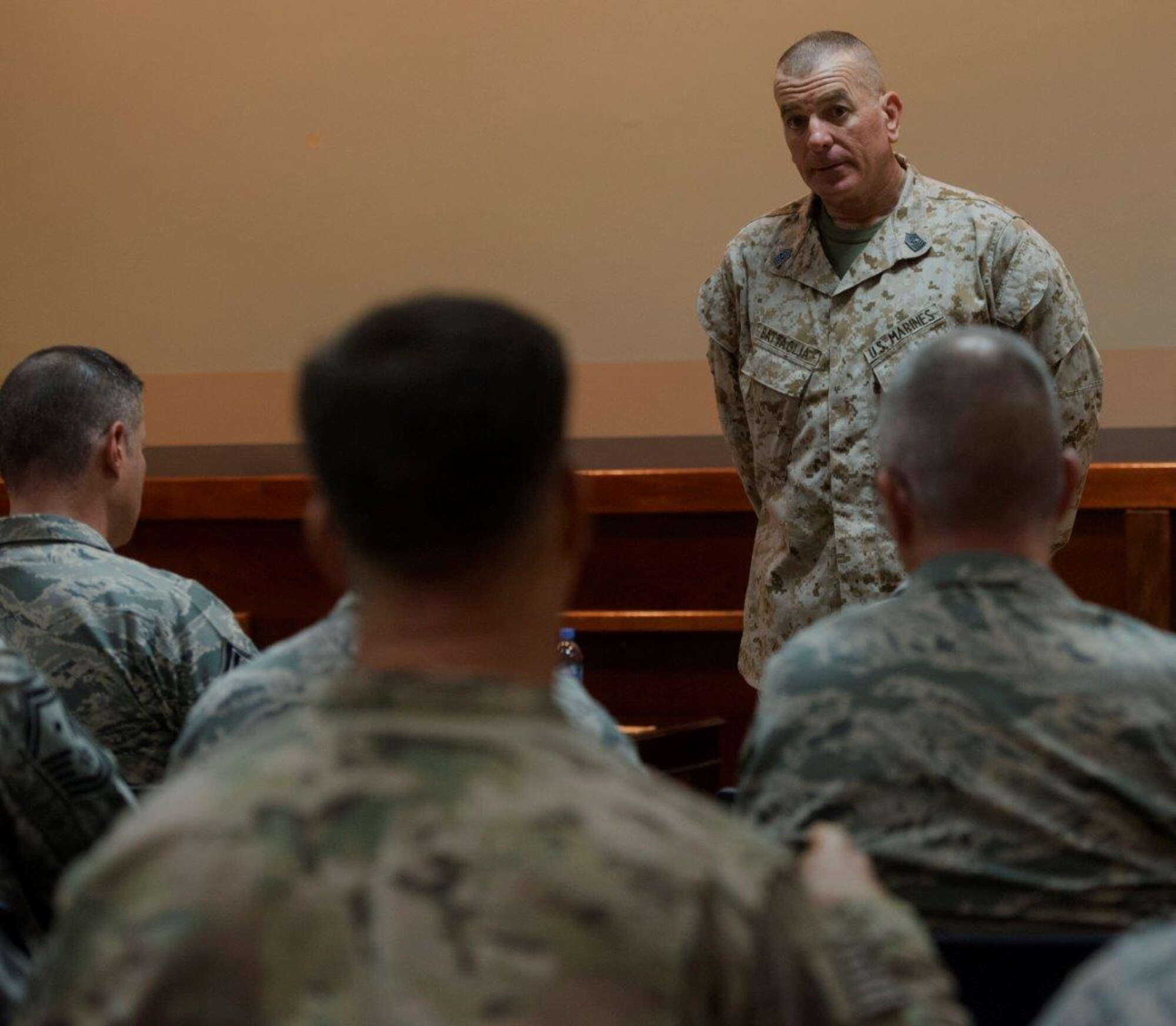 Sgt. Maj. Bryan Battaglia, Senior Enlisted Advisor to the Chairman of the Joint Chiefs of Staff, meets with more than 50 senior enlisted leaders from across Al Udeid Air Base, Qatar at Kimbolton Hall Oct. 8, 2015. During the meeting, Battaglia focused on the numerous challenges facing the military today and emphasized his desire to reduce suicides across the Department of Defense. (U.S. Air Force Photo/Tech. Sgt. James Hodgman)