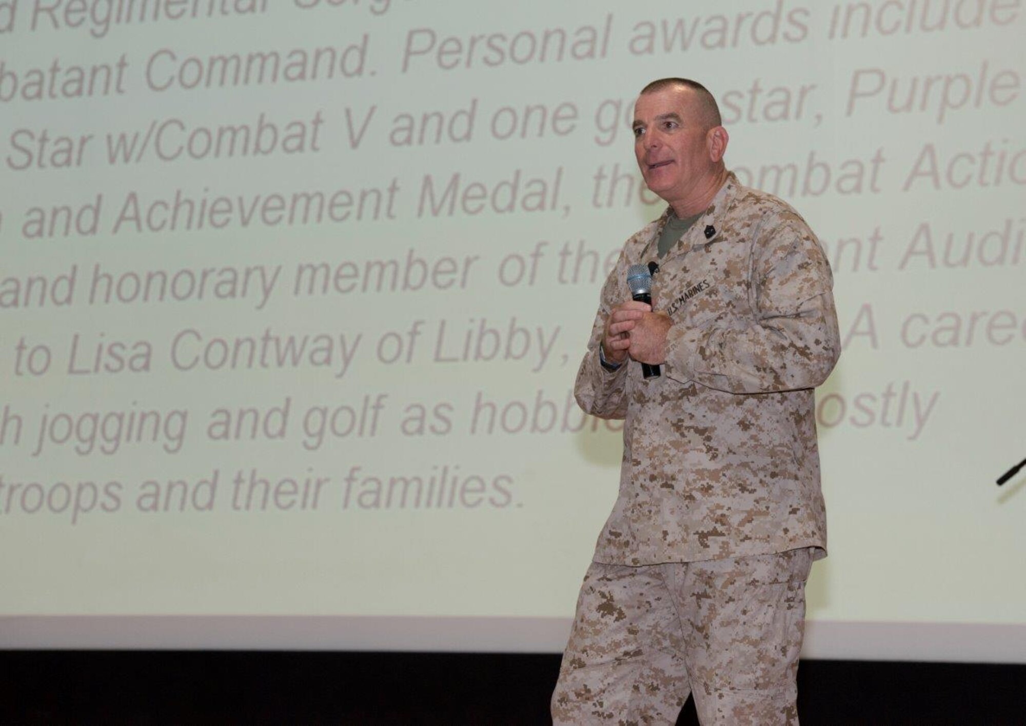 Sgt. Maj. Bryan Battaglia, Senior Enlisted Advisor to the Chairman of the Joint Chiefs of Staff, hosts an Enlisted All-Call with more than 400 members of Al Udeid Air Base, Qatar at the Coalition Compound Theater Oct. 8, 2015. During the All-Call, Battaglia covered numerous topics including professional development, joint missions and the Department of Defense’s bi-annual award review. Battaglia also recognized 10 service members for excellent performance. (U.S. Air Force Photo/Tech. Sgt. James Hodgman)