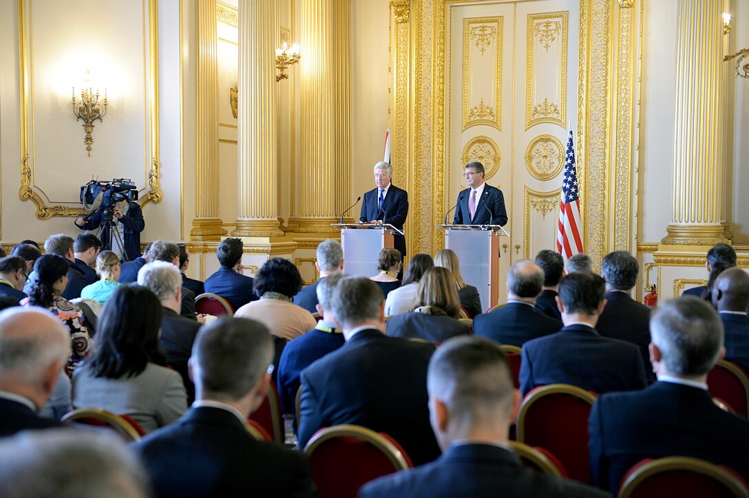 U.S. Defense Secretary Ash Carter and British Secretary of State for Defense Michael Fallon hold a joint press conference at Lancaster House, Oct. 09, 2015. Carter is on a five-day trip to Europe to attend the NATO Defense Ministerial Conference in Brussels and to meet with counterparts in Spain, Italy, and the United Kingdom. DoD photo by U.S. Army Sgt. 1st Class Clydell Kinchen

