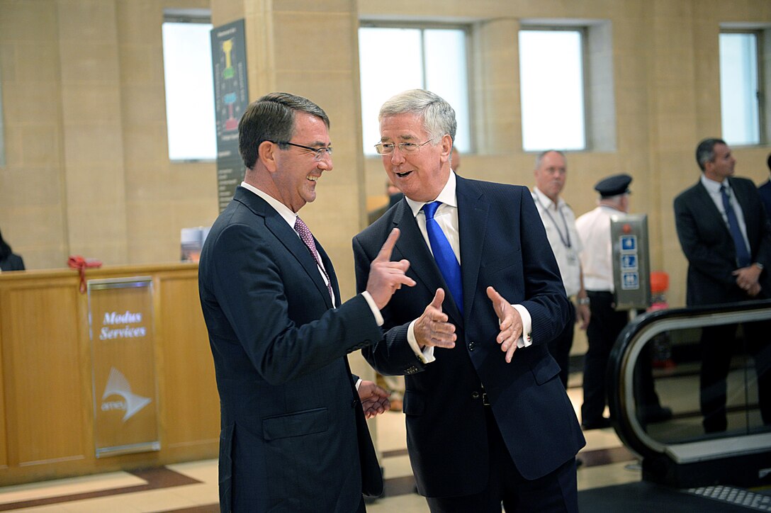 Defense Secretary Ash Carter chats with British Secretary of State for Defense Michael Fallon at Lancaster House, England, Oct. 9, 2015. Carter is on a five-day trip to Europe to attend the NATO Defense Ministerial Conference in Brussels and to meet with counterparts in Spain, Italy, and the United Kingdom. DoD photo by U.S. Army Sgt. 1st Class Clydell Kinchen

