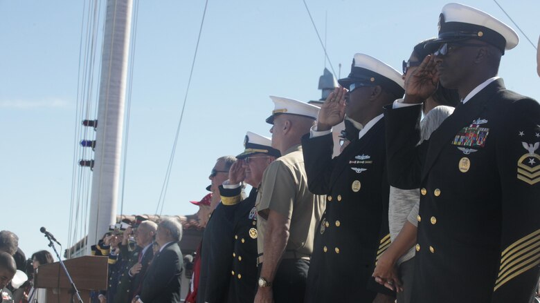 Military leaders honor ships in the parade of ships event as part of San Francisco Fleet Week 2015, Oct. 9. The parade of ships is a traditional part of Fleet Week in which service members and San Francisco natives pay respects to the ships who pass through the harbor. SFFW 15’ is a week-long event that blends a unique training and education program, bringing together key civilian emergency responders and Naval crisis-response forces to exchange best practices on humanitarian assistance disaster relief with particular emphasis on defense support to civil authorities.