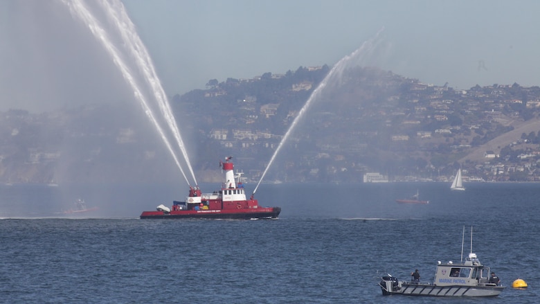 A firefighting ship passes through San Francisco Bay during the parade of ships event as part of San Francisco Fleet Week 2015, Oct. 9. The parade of ships is a traditional part of Fleet Week in which service members and San Francisco natives pay respects to the ships who pass through the harbor. SFFW 15’ is a week-long event that blends a unique training and education program, bringing together key civilian emergency responders and Naval crisis-response forces to exchange best practices on humanitarian assistance disaster relief with particular emphasis on defense support to civil authorities.
