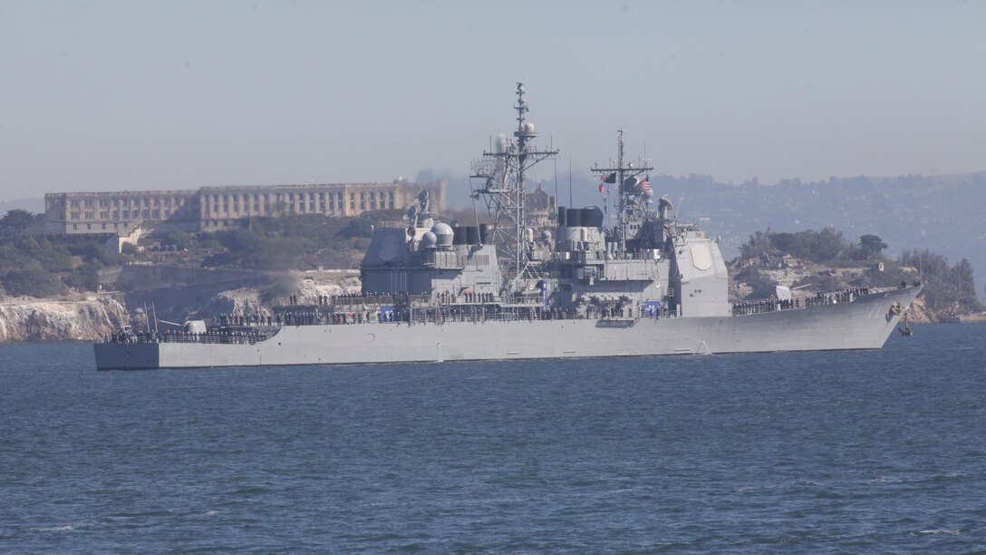 A U.S. Navy ship passes through San Francisco Bay during the parade of ships event as part of San Francisco Fleet Week 2015, Oct. 9. The parade of ships is a traditional part of Fleet Week in which service members and San Francisco natives pay respects to the ships who pass through the harbor. SFFW 15’ is a week-long event that blends a unique training and education program, bringing together key civilian emergency responders and Naval crisis-response forces to exchange best practices on humanitarian assistance disaster relief with particular emphasis on defense support to civil authorities.