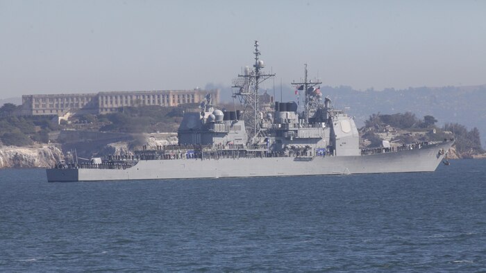 A U.S. Navy ship passes through San Francisco Bay during the parade of ships event as part of San Francisco Fleet Week 2015, Oct. 9. The parade of ships is a traditional part of Fleet Week in which service members and San Francisco natives pay respects to the ships who pass through the harbor. SFFW 15’ is a week-long event that blends a unique training and education program, bringing together key civilian emergency responders and Naval crisis-response forces to exchange best practices on humanitarian assistance disaster relief with particular emphasis on defense support to civil authorities.