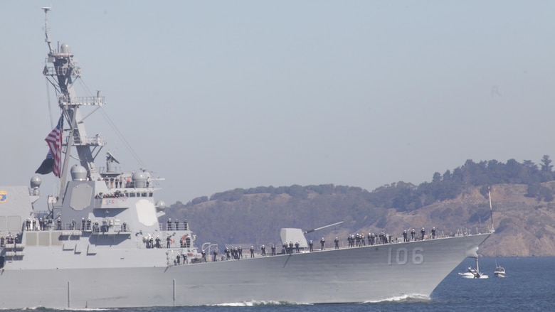 A U.S. Navy ship passes through San Francisco Bay during the parade of ships event as part of San Francisco Fleet Week 2015, Oct. 9, 2015. The parade of ships is a traditional part of Fleet Week in which service members and San Francisco natives pay respects to the ships who pass through the harbor. SFFW 15’ is a week-long event that blends a unique training and education program, bringing together key civilian emergency responders and Naval crisis-response forces to exchange best practices on humanitarian assistance disaster relief with particular emphasis on defense support to civil authorities.