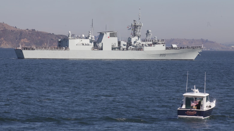 The HMCS Calgary passes through San Francisco Bay during the parade of ships event as part of San Francisco Fleet Week 2015, Oct. 9, 2015. The parade of ships is a traditional part of Fleet Week in which service members and San Francisco natives pay respects to the ships who pass through the harbor. SFFW 15’ is a week-long event that blends a unique training and education program, bringing together key civilian emergency responders and Naval crisis-response forces to exchange best practices on humanitarian assistance disaster relief with particular emphasis on defense support to civil authorities.