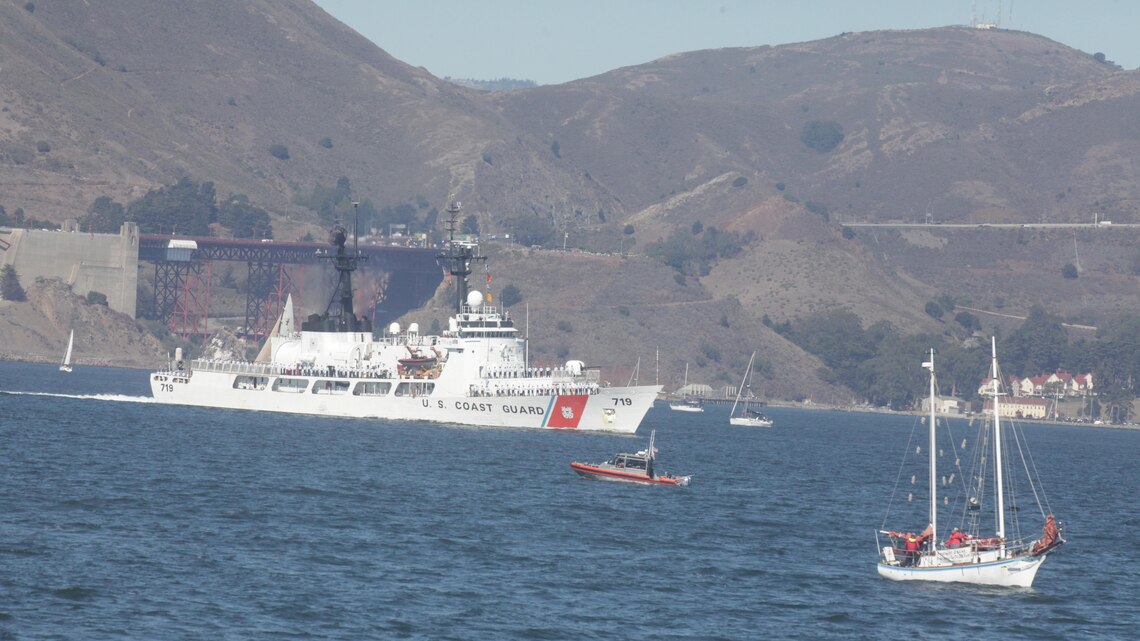 A Coast Guard cutter passes through San Francisco Bay during the parade of ships event as part of San Francisco Fleet Week 2015, Oct. 9, 2015. The parade of ships is a traditional part of Fleet Week in which service members and San Francisco natives pay respects to the ships who pass through the harbor. SFFW 15’ is a week-long event that blends a unique training and education program, bringing together key civilian emergency responders and Naval crisis-response forces to exchange best practices on humanitarian assistance disaster relief with particular emphasis on defense support to civil authorities.