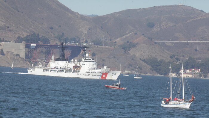 A Coast Guard cutter passes through San Francisco Bay during the parade of ships event as part of San Francisco Fleet Week 2015, Oct. 9, 2015. The parade of ships is a traditional part of Fleet Week in which service members and San Francisco natives pay respects to the ships who pass through the harbor. SFFW 15’ is a week-long event that blends a unique training and education program, bringing together key civilian emergency responders and Naval crisis-response forces to exchange best practices on humanitarian assistance disaster relief with particular emphasis on defense support to civil authorities.