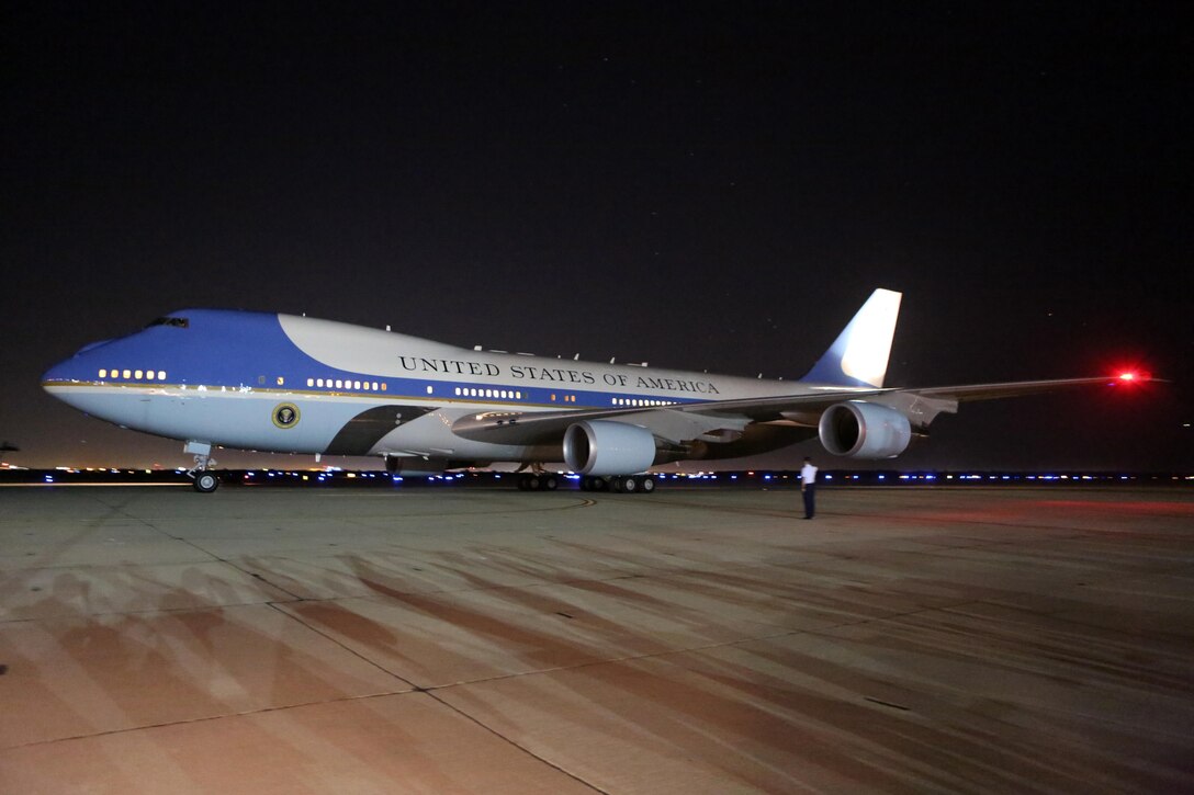 Air Force One, the presidential plane, taxis on the flight line aboard Marine Corps Air Station Miramar, Calif., Oct. 10. President Barack Obama debarked the plane and greeted leadership with the 3rd Marine Aircraft Wing and MCAS Miramar.