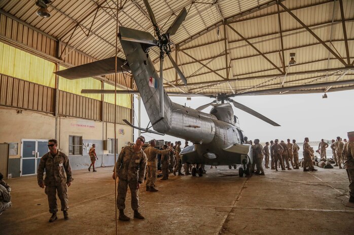 U.S. Marines with the 15th Marine Expeditionary Unit get an overview of the capabilities and structure of a French Aérospatiale SA 330 Puma helicopter. Elements of the 15th MEU are training with the 5th RIAOM in Djibouti in order to improve interoperability between the MEU and the French military. (U.S. Marine Corps photo by Sgt. Steve H. Lopez/Released)