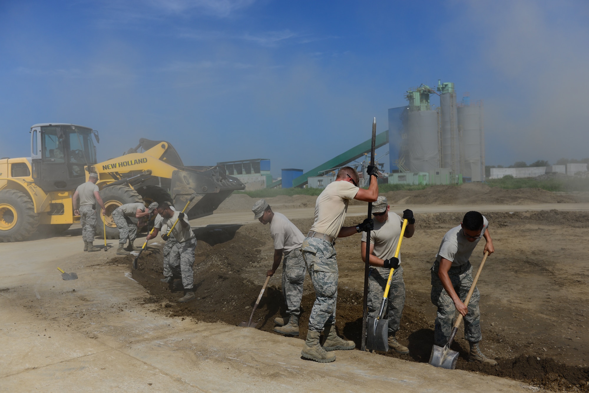 Airmen from the 51st Civil Engineer Squadron pavement and constructions equipment shop, use a combination of heavy equipment and hand tools, to repair a crater during airfield damage repair training at Osan Air Base, Republic of Korea, Aug. 18, 2015. While the overall repair time can vary based on the size, complexity and nature of the situation, the 51st CES toils non-stop to get the base’s airfields up and running.
(U.S. Air Force photo/Staff Sgt. Amber Grimm)