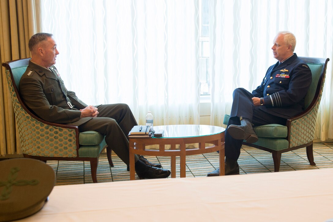 U.S. Marine Corps Gen. Joseph F. Dunford Jr., chairman of the Joint Chiefs of Staff, and Air Chief Marshal Mark Binskin, Australian defense chief, meet during the 2015 Australia-United States Ministerial Consultations in Boston, Oct. 12, 2015. AUSMIN is the principal forum for bilateral consultations with Australia and United States.