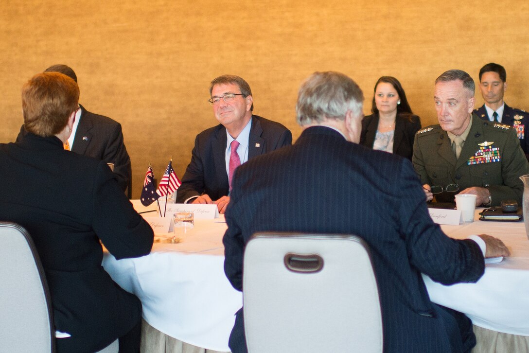 U.S. Defense Secretary Ash Carter and U.S. Marine Corps Gen. Joseph F. Dunford Jr., chairman of the Joint Chiefs of Staff, meet with Australian defense leaders during the 2015 Australia-United States Ministerial Consultations in Boston, Oct. 12, 2015. DoD photo by D. Myles Cullen