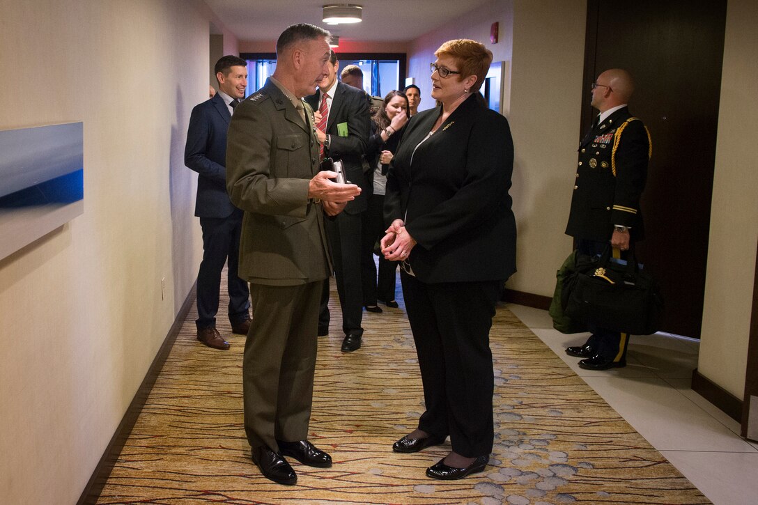 U.S. Marine Corps Gen. Joseph F. Dunford Jr., left, chairman of the Joint Chiefs of Staff, talks with Australian Defense Minister Marise Payne in between meetings at the 2015 Australia-United States Ministerial Consultations in Boston, Oct. 12, 2015. DoD photo by D. Myles Cullen