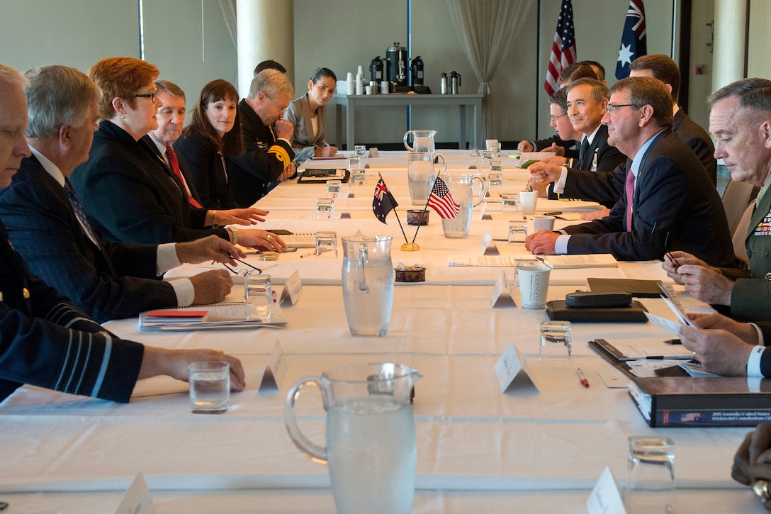 U.S. Defense Secretary Ash Carter meets with Australian Defense Minister Marise Payne during the Australia–United States Ministerial Consultations in Boston, Oct. 12, 2015. The two leaders discussed matters of mutual importance. DoD photo by Air Force Senior Master Sgt. Adrian Cadiz