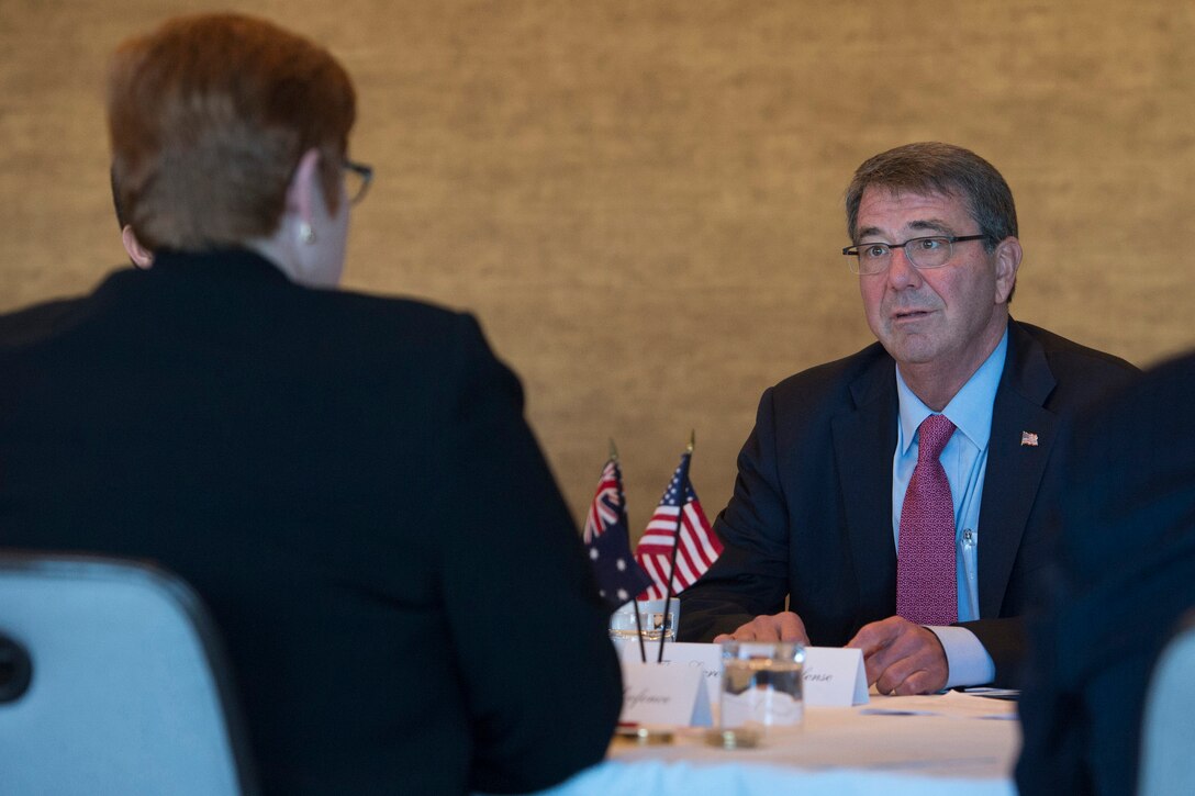 U.S. Defense Secretary Ash Carter meets with Australian Defense Minister Marise Payne in Boston during the Australia–United States Ministerial Consultations, Oct. 12, 2015. The two leaders discussed matters of mutual importance. DoD photo by Air Force Senior Master Sgt. Adrian Cadiz