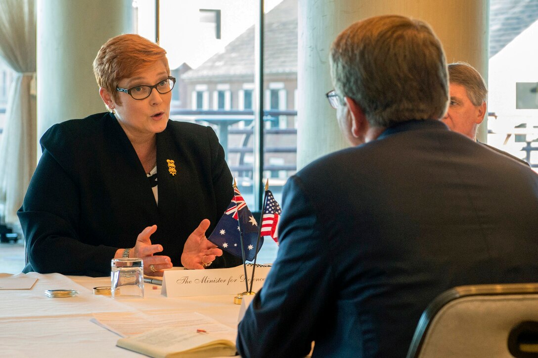 Australian Defense Minister Marise Payne meets with U.S. Defense Secretary Ash Carter during the Australia–United States Ministerial Consultations in Boston, Oct. 12, 2015. The two leaders discussed matters of mutual importance. DoD photo by Air Force Senior Master Sgt. Adrian Cadiz