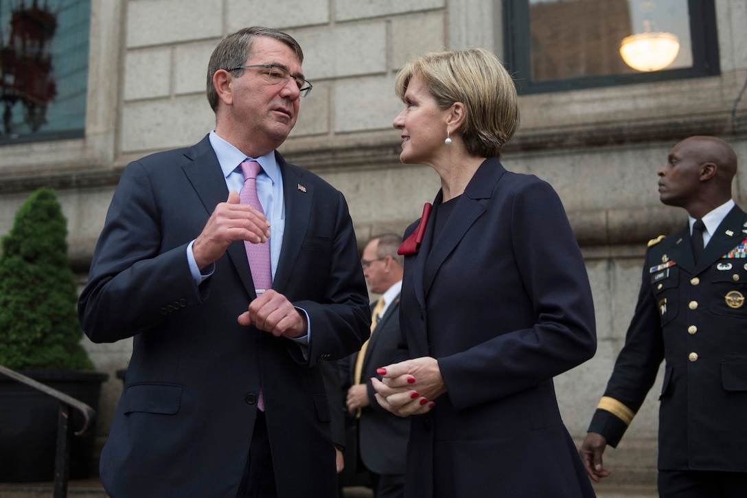U.S. Defense Secretary Ash Carter speaks with Australian Foreign Affairs Minister Julie Bishop as she arrives at the Boston Public Library during the Australia-U.S. Ministerial Consultations in Boston, Oct. 13, 2015. DoD photo by Air Force Senior Master Sgt. Adrian Cadiz