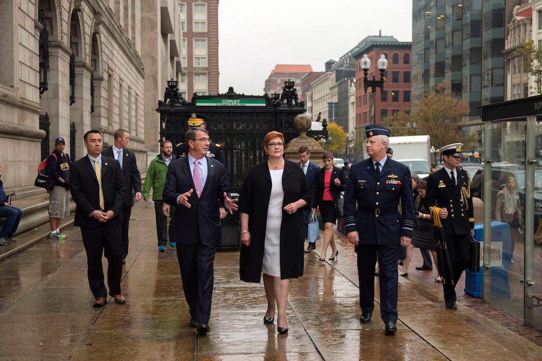 U.S. Defense Secretary of Defense Ash Carter walks with Australian Defense Minister Marise Payne as she arrives at the Boston Public Library during the Australia–U.S. Ministerial Consultations in Boston, Oct. 13, 2015. DoD photo by Air Force Senior Master Sgt. Adrian Cadiz