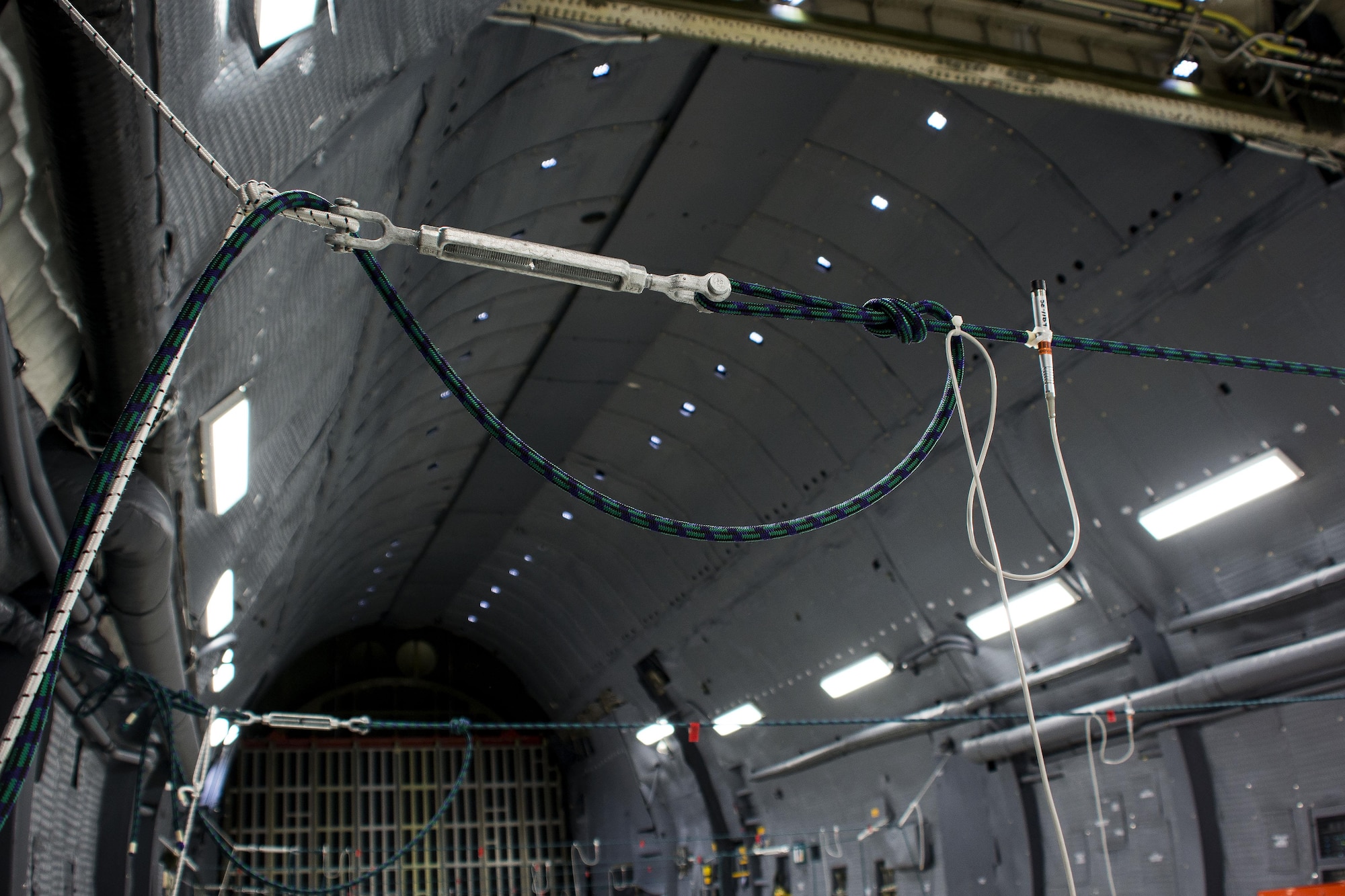 Twelve microphones, five single-axis accelerometers and four triaxle accelerometers were mounted in the cargo compartment of a C-5M Super Galaxy to collect interior noise and vibration data during a flight Sept. 24, 2015, at Travis Air Force Base, Calif. (U.S. Air Force photo/Senior Airman Charles Rivezzo)