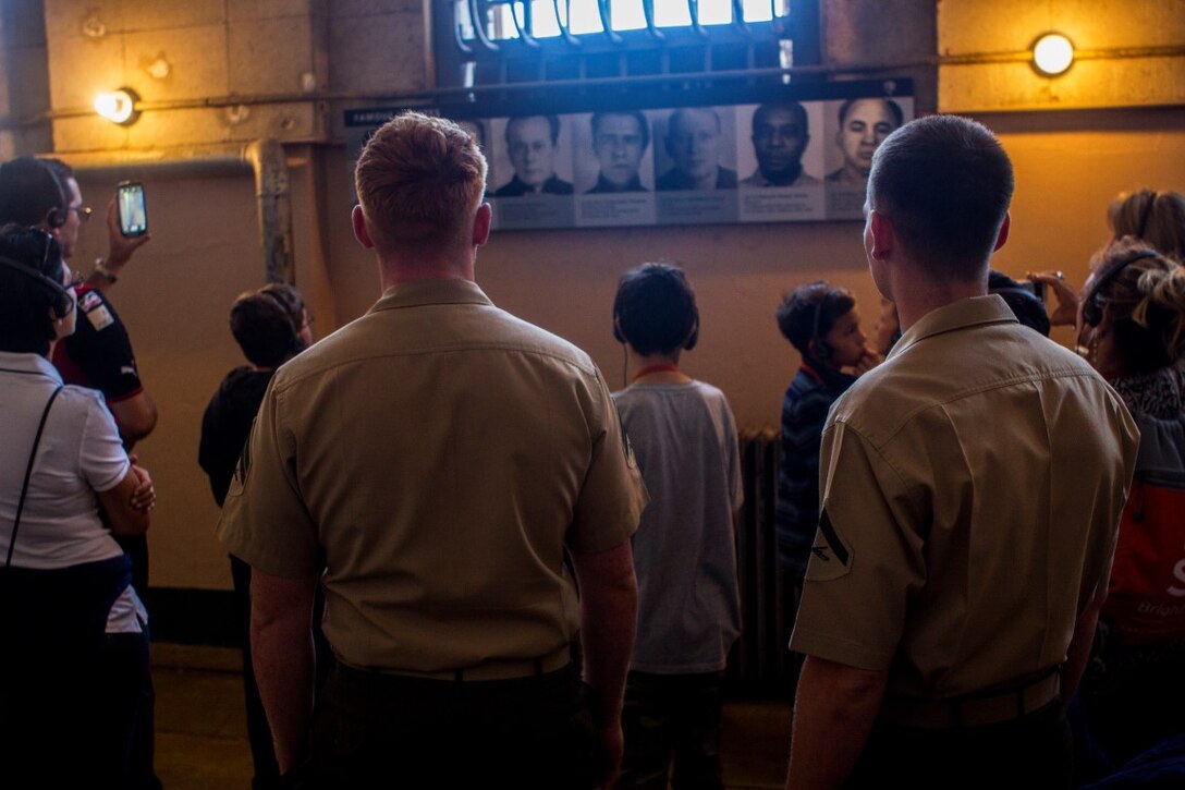 U.S. Marines visit Alcatraz Island during the 35th annual Fleet Week San Francisco, Oct 10, 2015. SFFW 15’ is a week-long event that blends a unique training and education program, bringing together key civilian emergency responders and Naval crisis-response forces to exchange best practices focused on humanitarian assistance disaster relief with particular emphasis on defense support to civil authorities. (U.S. Marine Corps photo by Lance Cpl. Ryan Kierkegaard, 1st Marine Division Combat Camera/Released)