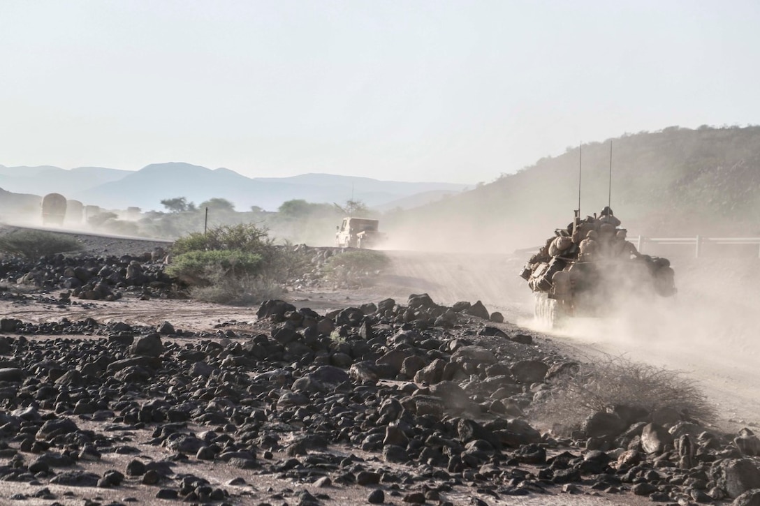 ARTA TRAINING RANGE, Djibouti (Oct. 4, 2015) U.S. Marines with the 15th Marine Expeditionary Unit move to a new objective during a desert survival and tactics course. Elements of the 15th MEU trained with the 5th Overseas Combined Arms Regiment (RIAOM) in Djibouti in order to improve interoperability between the MEU and the French military. (U.S. Marine Corps photo by Sgt. Steve H. Lopez/Released)