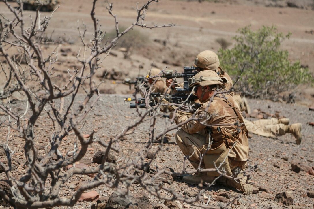 ARTA TRAINING RANGE, Djibouti (Oct. 4, 2015) U.S. Marines with the 15th Marine Expeditionary Unit provide security during a desert survival and tactics course with the French 5th Overseas Combined Arms Regiment (RIAOM). Elements of the 15th MEU trained with the 5th RIAOM in Djibouti in order to improve interoperability between the MEU and the French military. (U.S. Marine Corps photo by Sgt. Steve H. Lopez/Released)