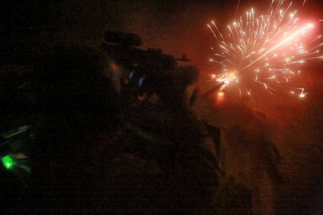 ARTA TRAINING RANGE, Djibouti (Oct. 5, 2015) U.S. Marines with the 15th Marine Expeditionary Unit engage targets from a Light Armored Vehicle (LAV-25) with an M242 automatic chain gun on a night live-fire range during a desert survival and tactics course. Elements of the 15th MEU are training with the 5th Overseas Combined Arms Regiment (RIAOM) in Djibouti in order to improve interoperability between the MEU and the French military. (U.S. Marine Corps photo by Sgt. Steve H. Lopez/Released)