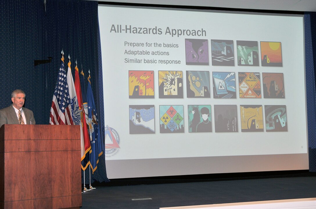 Guest speaker David McKernan offers tips and advice on making an emergency plan during the National Preparedness Month closing ceremony at the McNamara Headquarters Complex Sept. 29. McKernan serves as the operations manager for the Fairfax County Office of Emergency Management in Virginia.