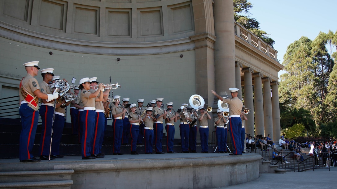 The 1st Marine Division Band performs during the Annual San Francisco Fleet Week High School Band Challenge at Golden Gate Park's Band Shell, Oct. 12, 2015, as part of San Francisco Fleet Week 2015. Marines from 12th Marine Corps Recruiting District and 1st Marine Division Band evaluated eight high school bands in the San Francisco Bay area on their accuracy and professionalism during their respective performances.