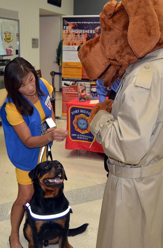 Stout, an American Red Cross therapy dog, greets McGruff the Crime Dog at the Preparedness and Security Expo Sept. 16 at the McNamara Headquarters Complex. 