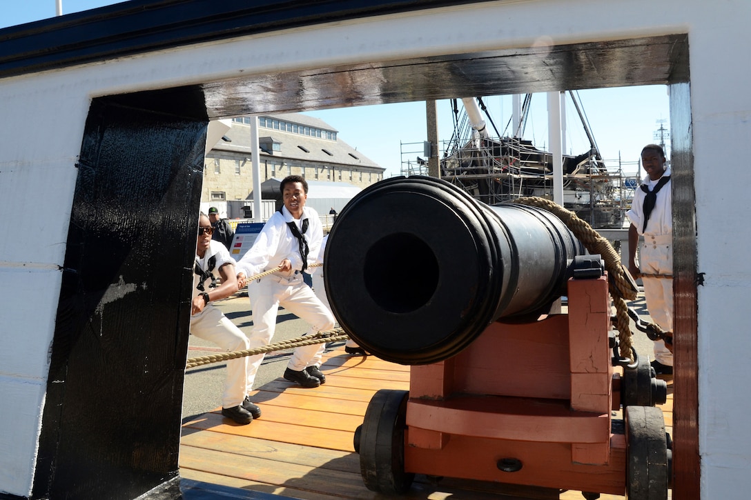 Sailors assigned to USS Constitution perform a War of 1812-era long gun drill in Charlestown Navy Yard, Charlestown, Mass., as part of Constitution's weekend festivities celebrating the U.S, Navy's 240th birthday, Oct. 10, 2015. U.S. Navy photo by Navy Petty Officer 1st Class Peter D. Melkus