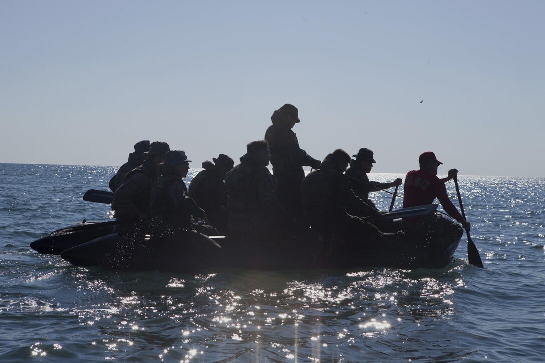 Led by a Republic of Korea Marine Corps instructor, U.S. and ROK Marines paddle to shore during inflatable boat training as part of Korean Marine Exchange Program 15-13 at Baengnyeongdo, Republic of Korea, Sept. 7, 2015. Marines trained as integrated units paddling the boats and learning to work as a team. KMEP is a regularly scheduled training event which highlights the invaluable opportunities for ROK and U.S. Marines to train and learn from each other. The U.S. Marines are assigned to 3rd Platoon, Echo Company, 2nd Battalion, 3rd Marine Division, currently attached to 4th Marine Regiment, III Marine Expeditionary Force, through the Unit Deployment Program. The ROK Marines are with 11th Company, 63rd Battalion, 6th Brigade, 1st Regiment, 2nd ROK Marine Corps Division, ROK Headquarters Marine Corps. 