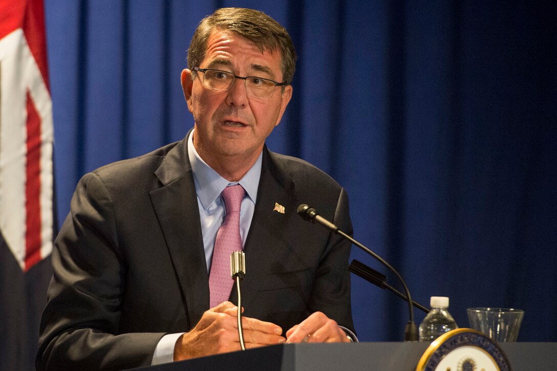 U.S. Defense Secretary Ash Carter makes remarks during a joint news conference with Secretary of State John Kerry and Australian Defense Minister Marise Payne and Australian Foreign Affairs Minister Julie Bishop during the Australia–U.S. Ministerial Consultations in Boston, Oct. 13, 2015. DoD photo by Air Force Senior Master Sgt. Adrian Cadiz