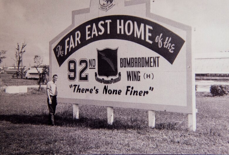 Retired Chief Master Sgt. Victor Hugo, former 446th Military Air Wing command chief, started out his Air Force career in 1951 by attending basic military training at what was then Lackland Air Force Base in San Antonio; Texas. "When we graduated we were really looking forward to getting to an Air Force base," said Hugo. "We were stationed at Fairchild, and it was just like going home." Hugo stands with the then 92nd Bombardment Wing sign. (Courtesy photo)