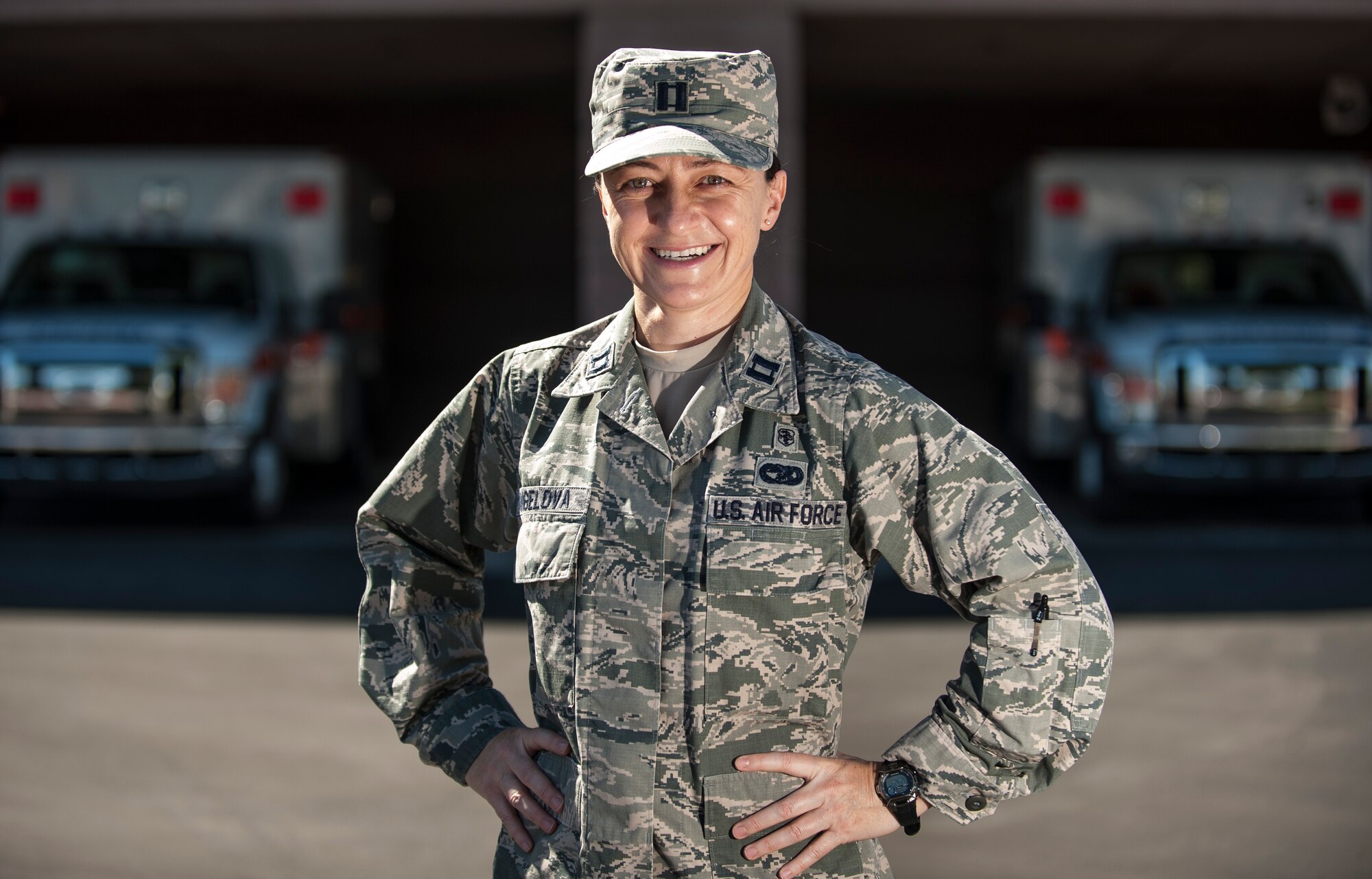Capt. Reni Angelova, 99th Medical Group practice manager, poses for a picture outside of the Mike O’Callaghan Federal Medical Center on Nellis Air Force Base, Nev., Oct. 7, 2015. Angelova speaks Russian, Bulgarian and English while possessing master’s degrees in economics, law, business administration as well as international relations. She has worked as a teacher and a border patrol agent at one of the busiest checkpoints in Bulgaria before immigrating to the United States. She recently served in the Office of Defense Coordination in Bulgaria as an interpreter under the Language Enabled Airman Program. (U.S. Air Force photo by Staff Sgt. Siuta B. Ika)