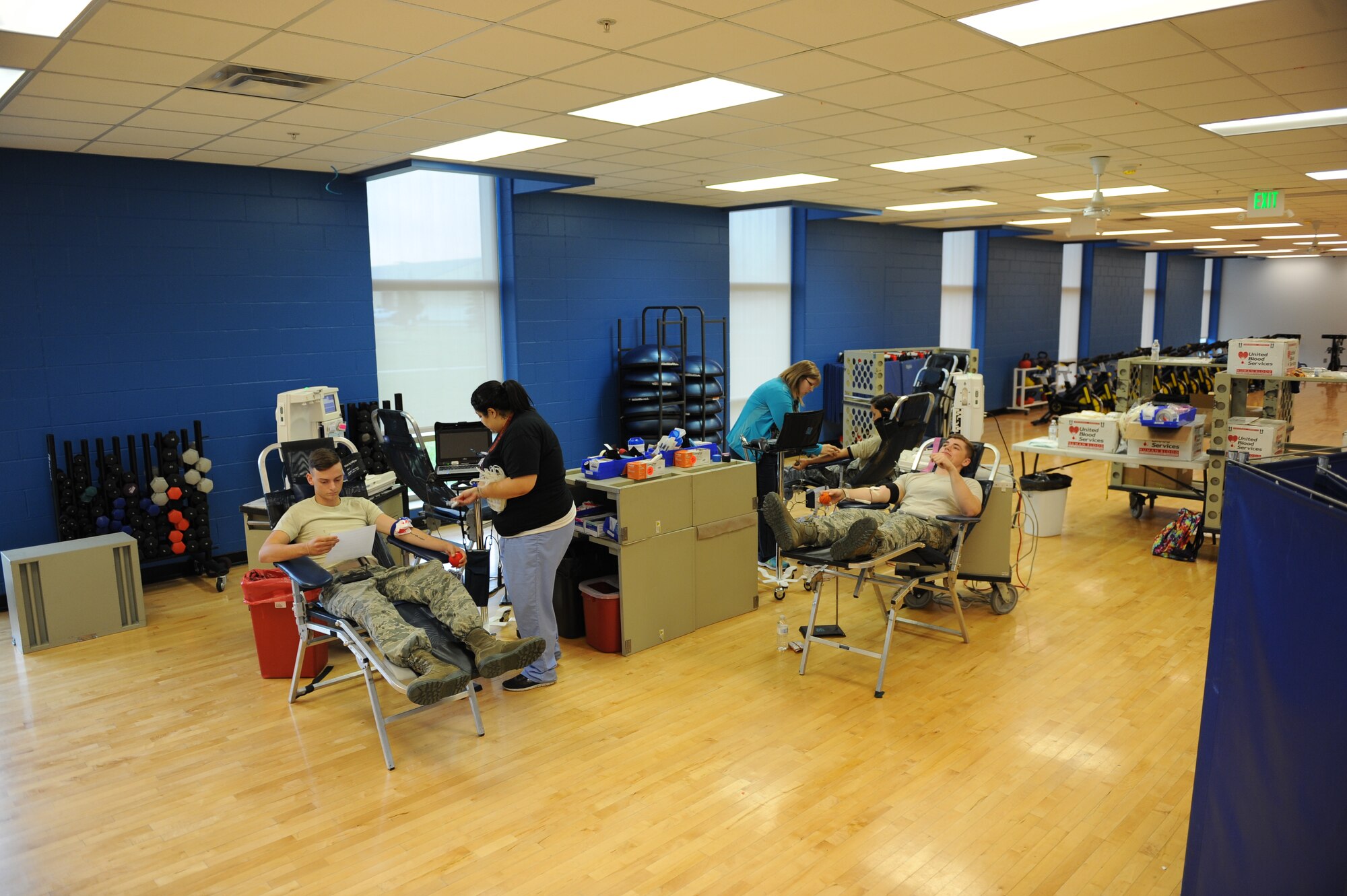Minot Air Force Base held a blood drive at the McAdoo Fitness Center Oct. 9, 2015. Members from the base volunteered their time to donate blood in support of hospitals across N.D. (U.S. Air Force photo/Senior Airman Kristoffer Kaubisch)