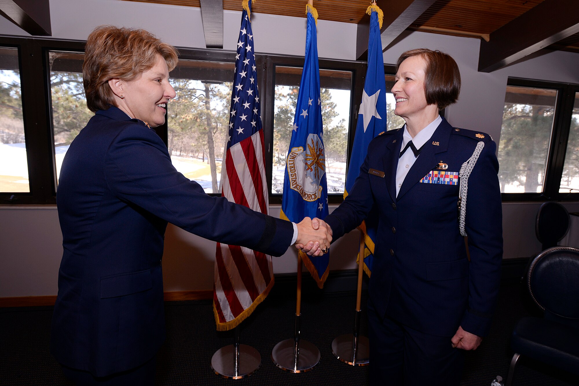 Maj. Phyllis Pelky (right), 45, a former aide-de-camp to Lt. Gen. Michelle D. Johnson (left), the superintendent of the U.S. Air Force Academy, was killed in a non-hostile helicopter crash near Kabul, Afghanistan Oct. 11, 2015. (U.S. Air Force photo/Mike Kaplan)