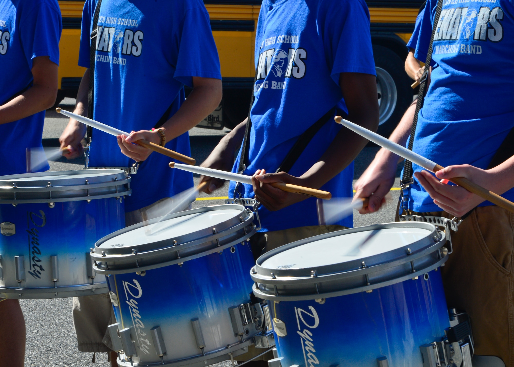 The Dover High School Senators Marching Band performs at the Fire Department Open House and Military Appreciation Day picnic Oct. 10, 2015, at Dover Air Force Base, Del. The band performed numerous routines highlighting the drumline’s skills with a challenging choreographed routine. (U.S. Air Force photo/Senior Airman William Johnson)