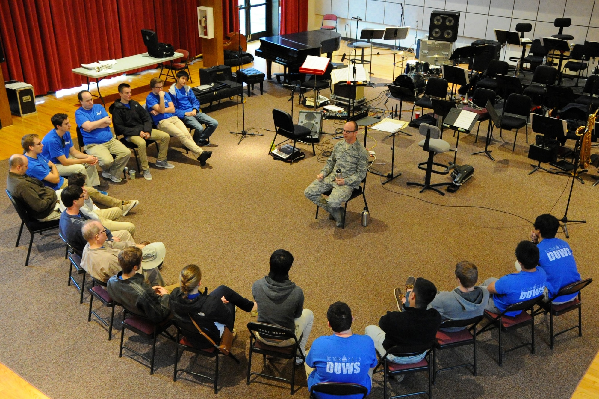 U.S. Air Force Concert Band trumpeter Technical Sgt. Micah Killion speaks to students from Duke University during a Masterclass session at Joint Base Anacostia-Bolling, Washington D.C., Oct. 13, 2015. The members of Duke University’s Wind Symphony visited the U.S. Air Force Band today for an immersion in music and Air Force culture. The students attended Masterclass sessions led by performers from the Band to further develop mastery of their instruments before watching the Concert Band’s final rehearsal before their fall tour. (U.S. Air Force photo/Staff Sgt. Matt Davis)