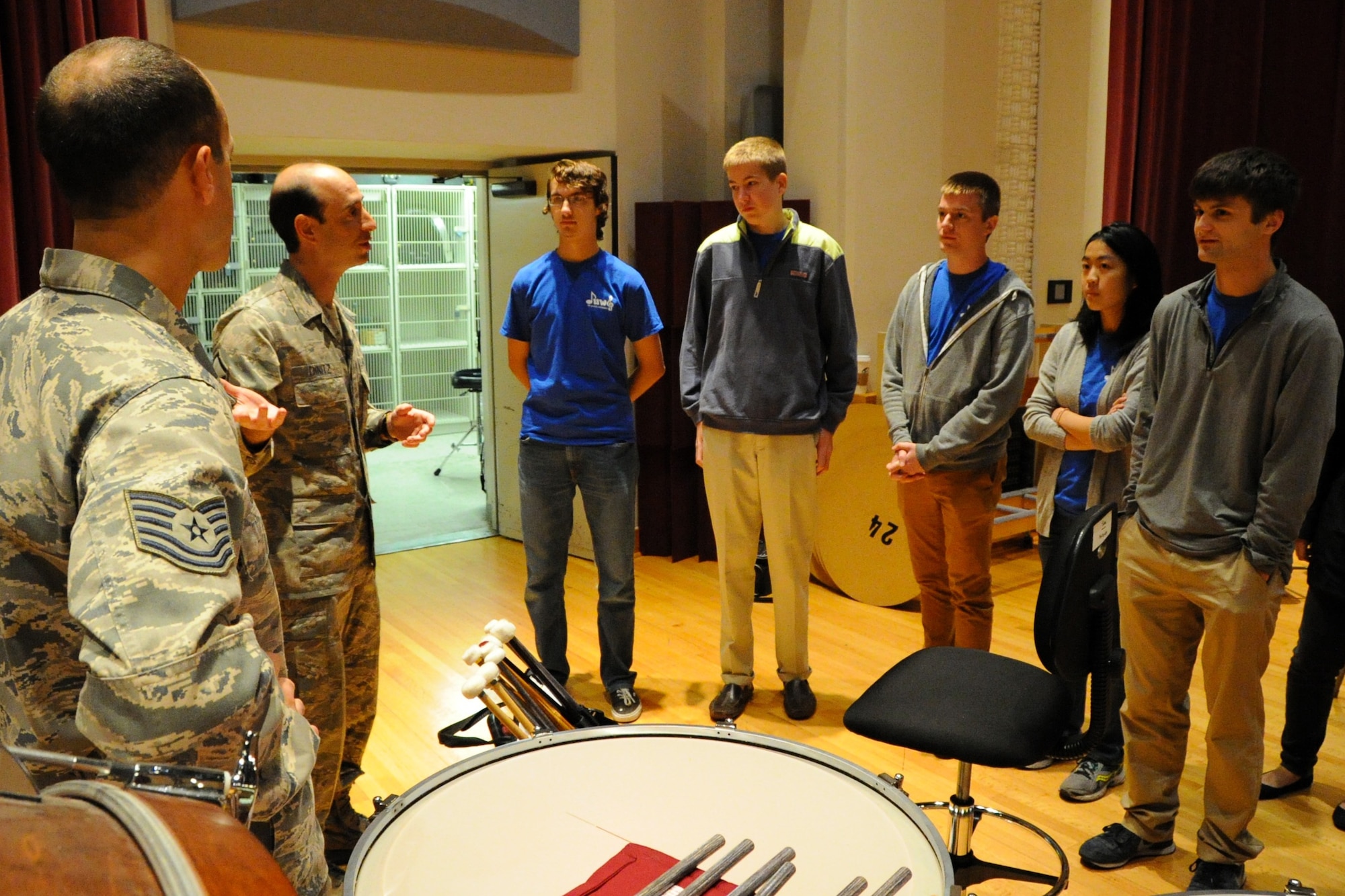 U.S. Air Force Concert Band percussionists Technical Sgt. Adam Green and Master Sgt. Marc Dinitz speak to students from Duke University during a Masterclass session at Joint Base Anacostia-Bolling, Washington D.C., Oct. 13, 2015. The members of Duke University’s Wind Symphony visited the U.S. Air Force Band today for an immersion in music and Air Force culture. The students attended Masterclass sessions led by performers from the Band to further develop mastery of their instruments before watching the Concert Band’s final rehearsal before their fall tour. (U.S. Air Force photo/Staff Sgt. Matt Davis)