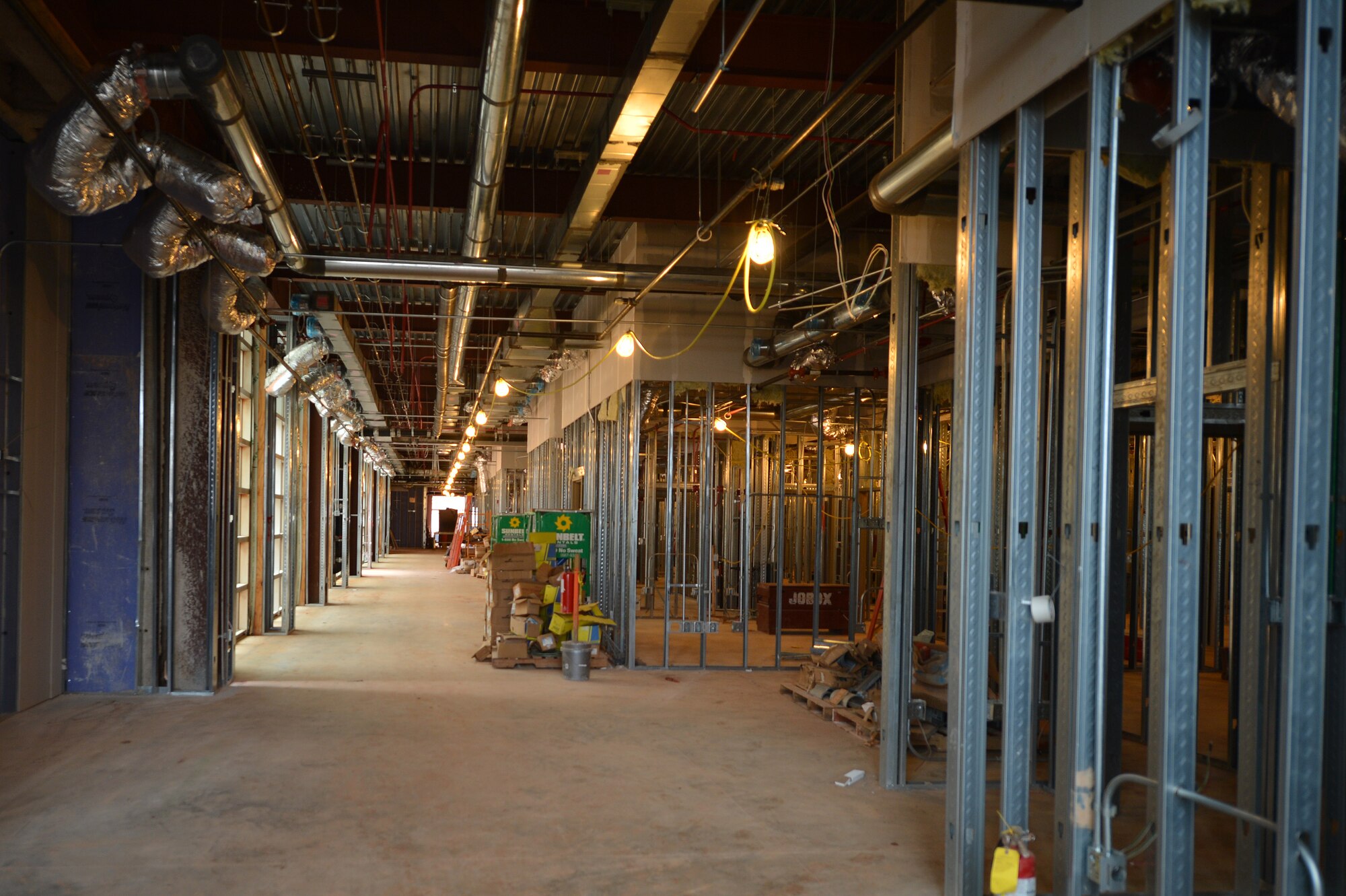 The inside of the new medical facility undergoes construction at Shaw Air Force Base, S.C., Oct. 2, 2015. The building is designed to provide an efficient facility for 20th Medical Group staff and effective care for 31,000 eligible beneficiaries. (U.S. Air Force photo by Senior Airman Diana M. Cossaboom/Released)