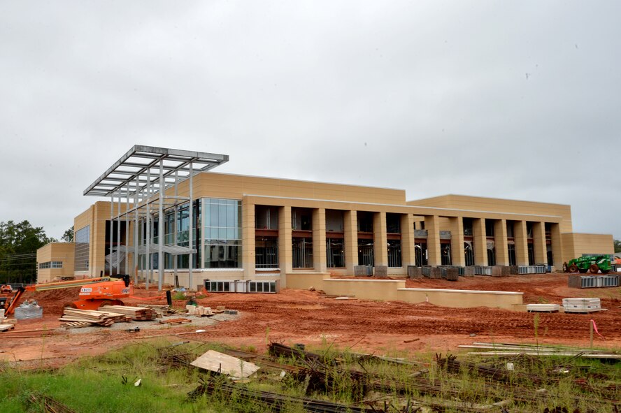 The new 20th Medical Group facility undergoes construction at Shaw Air Force Base, S.C., Oct. 2, 2015. Construction on the began October 2013, The main building is estimated to be completed and open for patrons in the Summer of 2016, and the ambulance shelter is estimated to be open May 2017. (U.S. Air Force photo by Senior Airman Diana M. Cossaboom/Released)