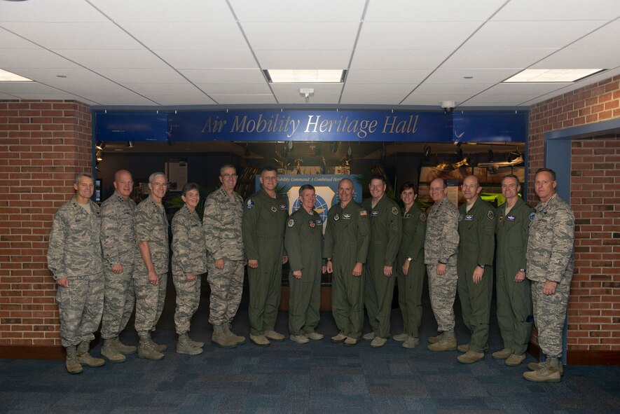 Gen. Carlton “Dewey” Everhart, Air Mobility Command commander (center-right, and Gen. Hawk Carlisle, commander of Air Combat Command (center-left), pose with the attendees of the Combat Air Forces/Mobility Air Forces Commander’s Conference on Scott Air Force Base, Illinois, Oct.  8, 2015. The conference provided a venue for the senior leaders to discuss current and future issues central to the Air Force. (U.S. Air Force photo/ Airman 1st Class Kiana Brothers)