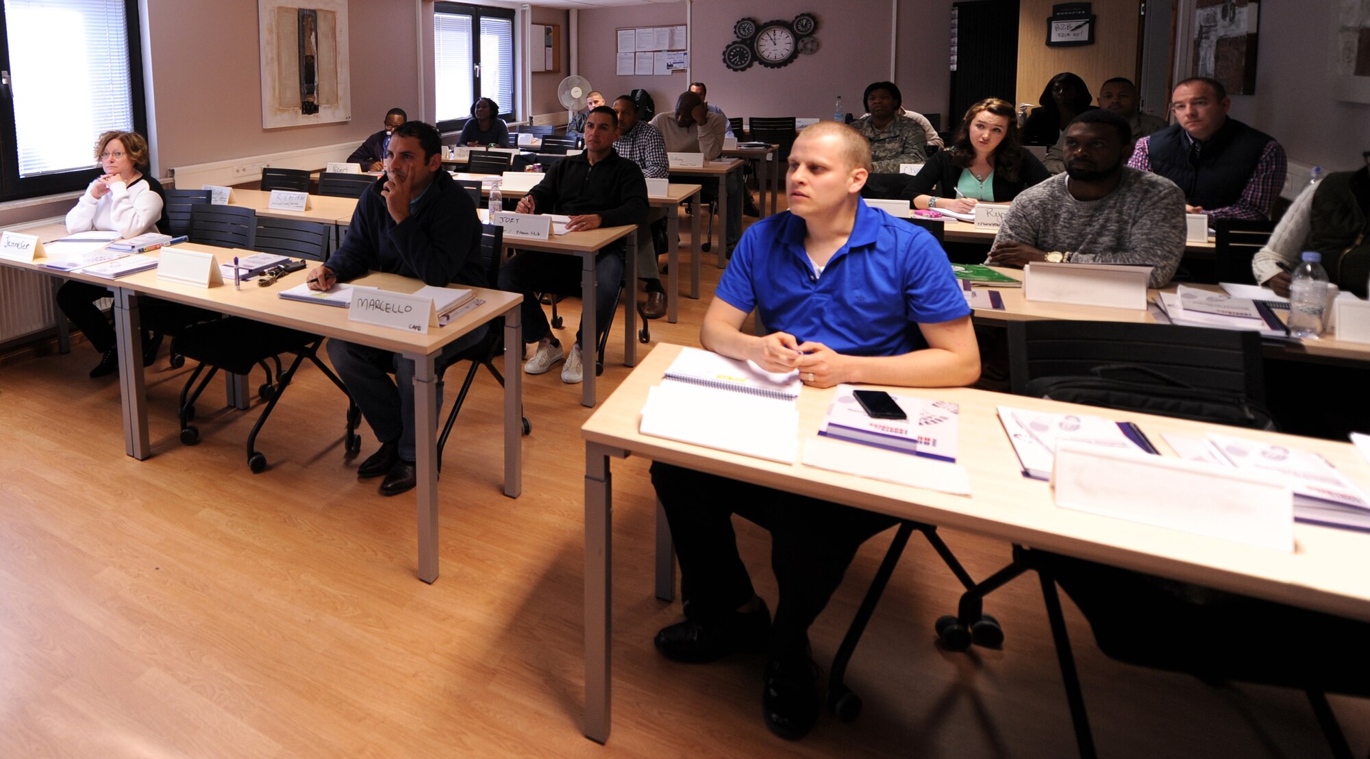 Students listen to a lecture during a Boots 2 Business class Sept. 29, 2015, at Ramstein Air Base, Germany. B2B is a two-day workshop and an optional eight-week online course aimed at providing entrepreneurship training to service members transitioning out of the military and wanting to start a business. B2B is currently offered at more than 165 military installations. (U.S. Air Force photo/Staff Sgt. Sharida Jackson)