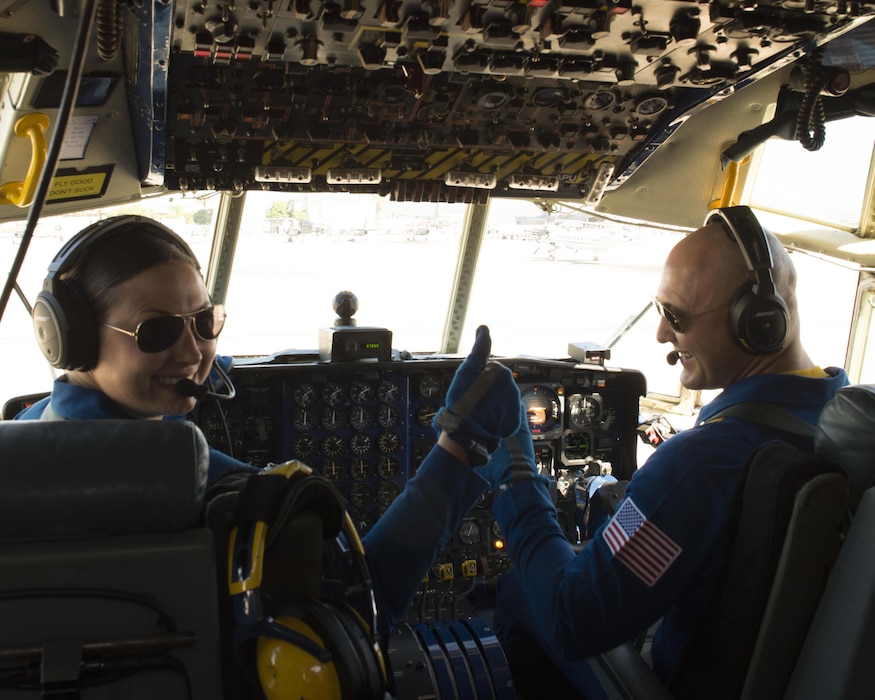 151002-N-TC333-018 (Oct 2, 2015) Blue  Angels C-130 pilot Marine Capt. Katie Higgins poses with Marine Maj. Mark Hamilton. (U.S. Navy photo by Lt. Cmdr. Brenda Way/Released)