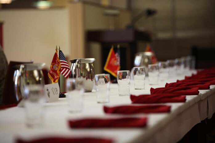 Cutlery and decorative glassware lie organized for display for the Chef of the Year Competition at Marine Corps Air Station Cherry Point, N.C., Oct. 8, 2015. Four Marines competed for the Chef of the Year title after completing the Chef of the Quarter Competition throughout this past year. The competition put the young chefs out of their comfort zones and pushed them to their limits. (U.S. Marine Corps photo by Pfc. Nicholas P. Baird/ Released)